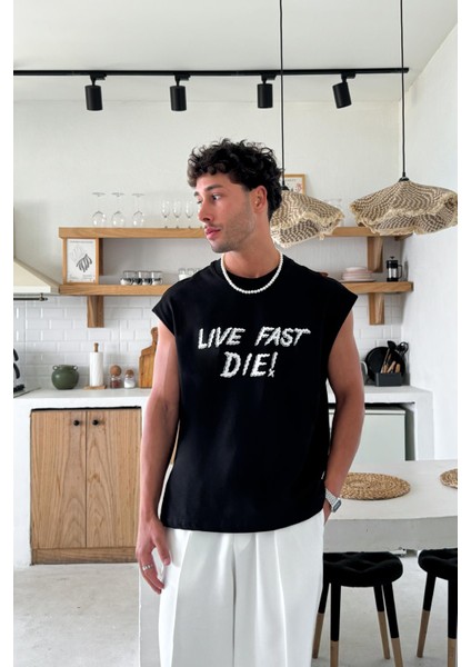Siyah Live Fast Die Baskılı Atlet