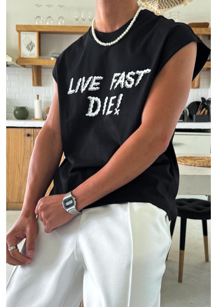 Siyah Live Fast Die Baskılı Atlet