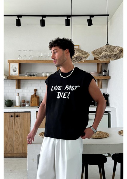 Siyah Live Fast Die Baskılı Atlet