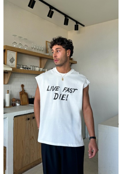 Ekru Live Fast Die Baskılı Atlet