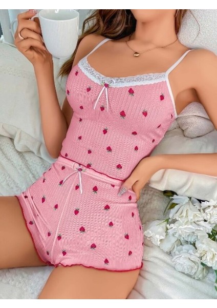 Kadın Pembe Çilek Desenli Crop Şortlu Pijama Takımı - Polyester Askılı Yazlık Takım