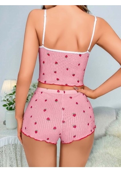 Kadın Pembe Çilek Desenli Crop Şortlu Pijama Takımı - Polyester Askılı Yazlık Takım