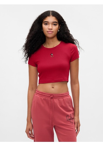 Kadın Kırmızı Gap × Disney Bisiklet Yaka Crop T-Shirt