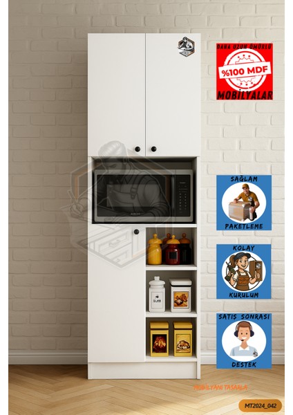 TAMAMI MDF Mobilyanı Tasarla 3 Kapaklı Açık Raflı Modern Tasarım Çok Amaçlı Beyaz Mini Fırın Dolabı/Boy Kiler Dolabı/Erzak Dolabı