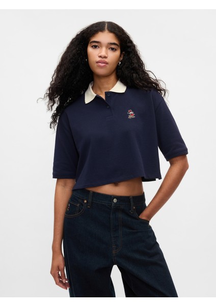 Kadın Lacivert Gap × Disney Minnie Mouse Polo Yaka Crop T-Shirt