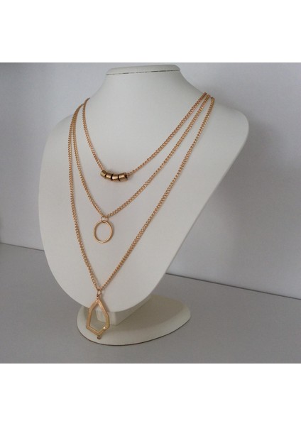Üçlü Geometrik Figürlü Kolye Altın Renk