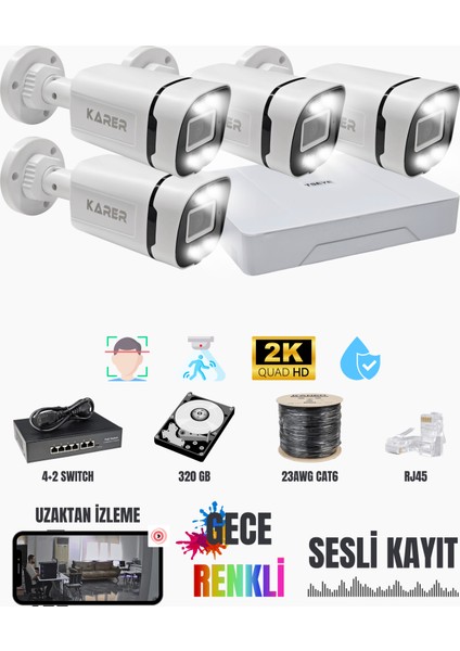 Exitcam 4'lü Ip Kamera Seti 5mp 2k+ Sesli + Gece Renkli + 320GB HDD + Cat6 + Poe Switch + Nvr