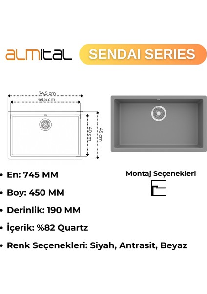 Granit Evye Sendai Series Anthracite 74,5X45 (Antrasit)