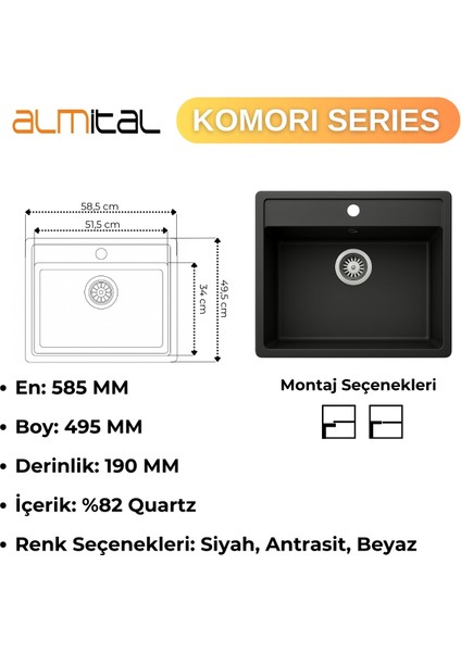 Granit Evye Komorı Series Black 58,5X49,5 (Siyah)