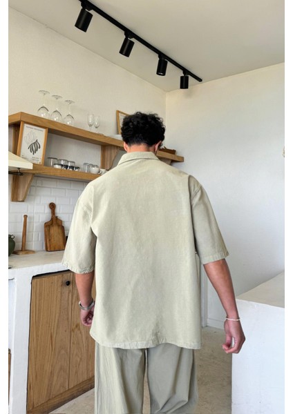 Basic Oversize Kısa Kol Haki Keten Gömlek fiyatları