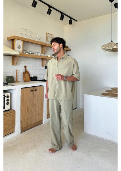 Basic Oversize Kısa Kol Haki Keten Gömlek modelleri