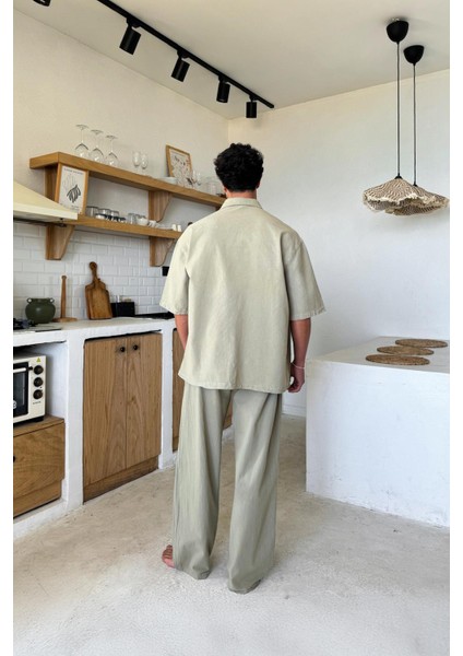 Basic Oversize Kısa Kol Haki Keten Gömlek fırsatları