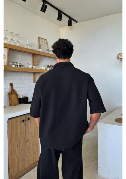 Siyah Basic Oversize Kısa Kol Keten Gömlek fiyatları