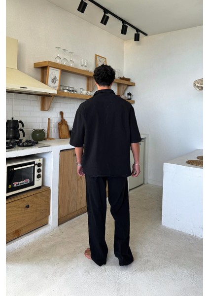 Siyah Basic Oversize Kısa Kol Keten Gömlek fırsatları