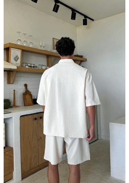 Krem Basic Oversize Kısa Kol Keten Gömlek fiyatları