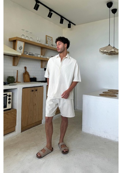 Krem Basic Oversize Kısa Kol Keten Gömlek modelleri