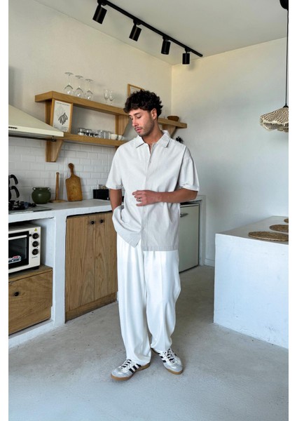 Taş Rengi Keten Oversize Kısa Kol Gömlek modelleri