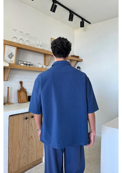 Basic Oversize Kısa Kol Lacivert Keten Gömlek fiyatları