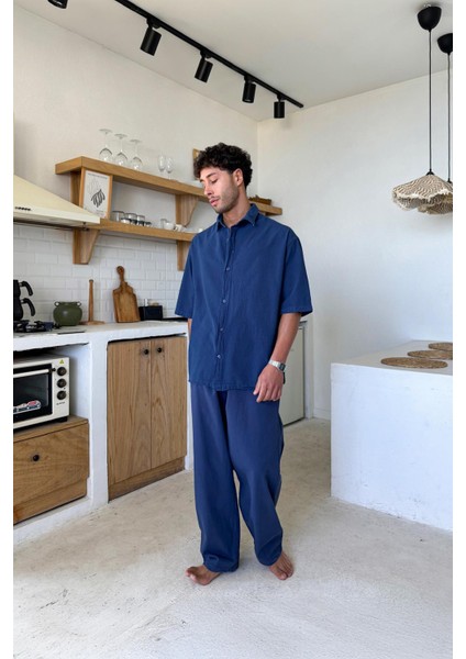 Basic Oversize Kısa Kol Lacivert Keten Gömlek modelleri