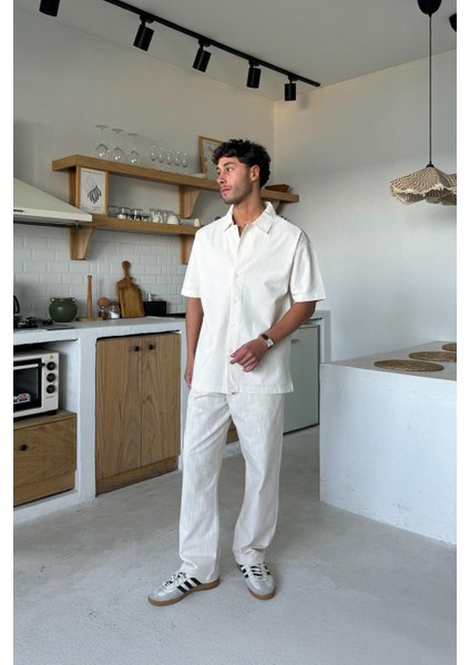 Krem Keten Oversize Kısa Kol Gömlek modelleri