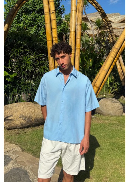 Basic Oversize Mavi Kısa Kol Gömlek