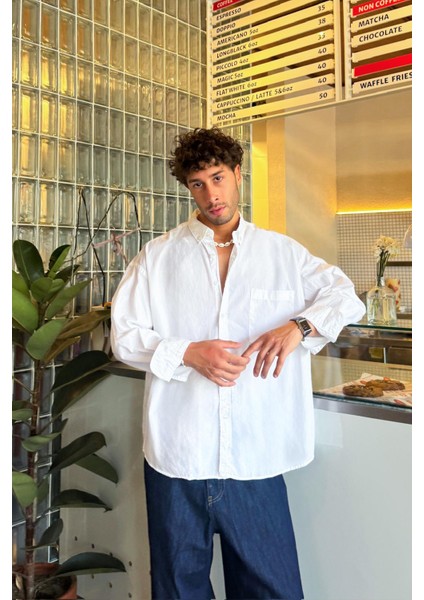 Ön Cepli Oversize Beyaz Poplin Gömlek