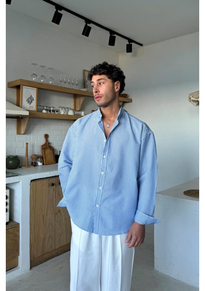 Mavi Çizgili Oversize Uzun Kol Gömlek