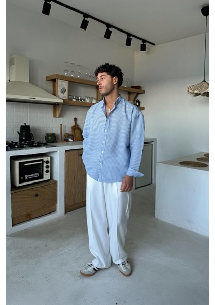 Mavi Çizgili Oversize Uzun Kol Gömlek fırsatları