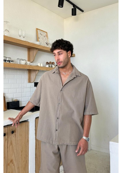 Basic Oversize Kısa Kol Sütlü Kahve Keten Gömlek