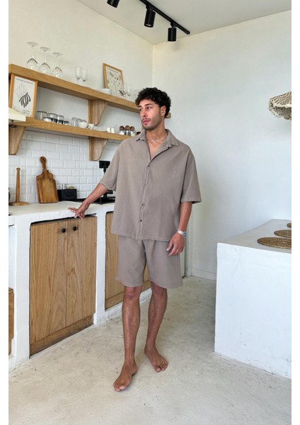 Basic Oversize Kısa Kol Sütlü Kahve Keten Gömlek fiyatları