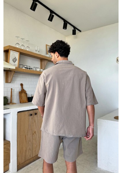 Basic Oversize Kısa Kol Sütlü Kahve Keten Gömlek modelleri