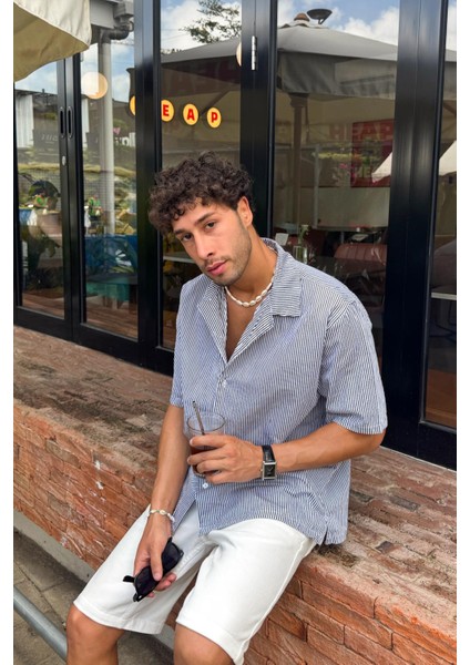 Çizgili Oversize Siyah Kısa Kol Gömlek