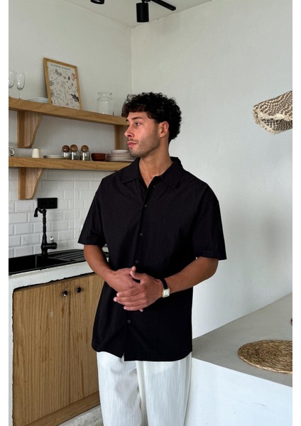 Siyah Keten Oversize Kısa Kol Gömlek