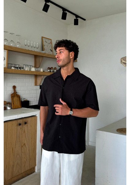 Siyah Keten Oversize Kısa Kol Gömlek modelleri