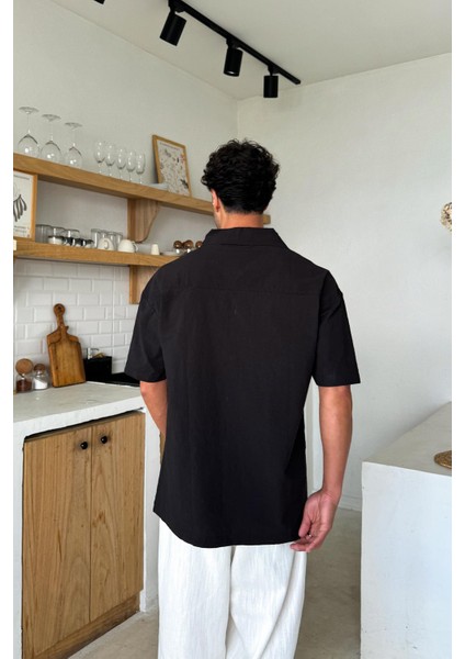 Siyah Keten Oversize Kısa Kol Gömlek fırsatları