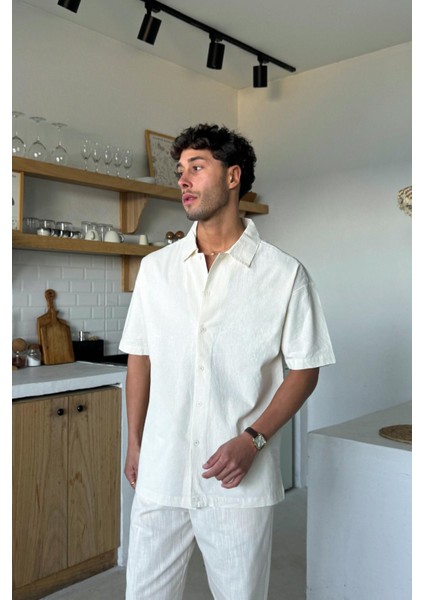 Krem Keten Oversize Kısa Kol Gömlek
