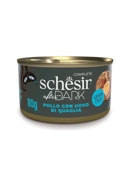 Schesir After Dark Et Suyu Içinde Tavuklu ve Bıldırcın Yumurtalı Yetişkin Kedi Konservesi 80 gr