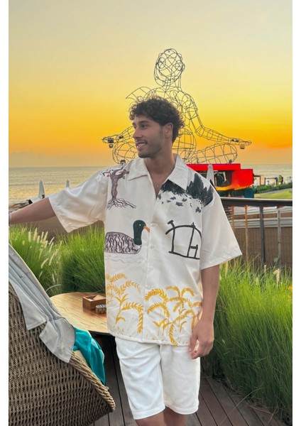 Paleolitik Çağ Baskılı Bej Oversize Kısa Kol Gömlek