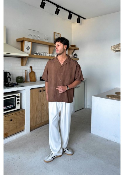Kahverengi Kısa Kollu Cizgili Oversize Gömlek indirimleri