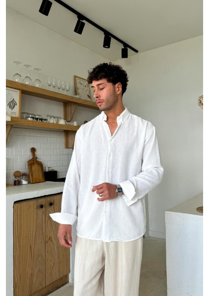 Beyaz Uzun Kollu Basic Oversize Gömlek