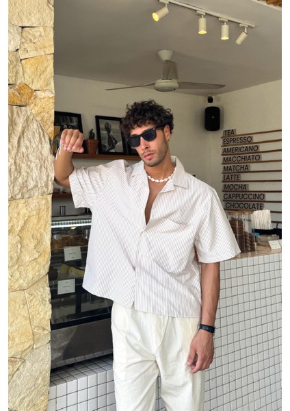 Çizgili Oversize Bej Kısa Kol Gömlek