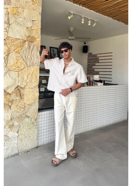Çizgili Oversize Bej Kısa Kol Gömlek modelleri