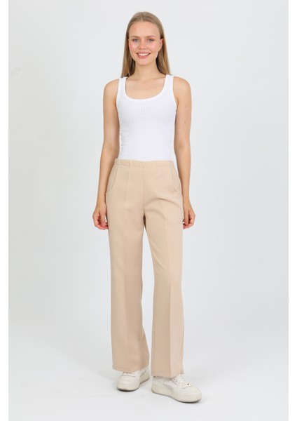 Arkadan Lastikli Yüksek Bel Geniş Paça Palazzo Kadın Rahat Kumaş Pantolon 2345