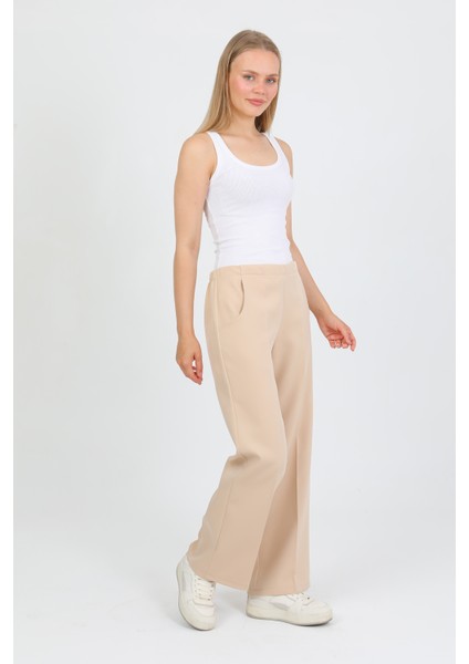 Arkadan Lastikli Yüksek Bel Geniş Paça Palazzo Kadın Rahat Kumaş Pantolon 2345 modelleri