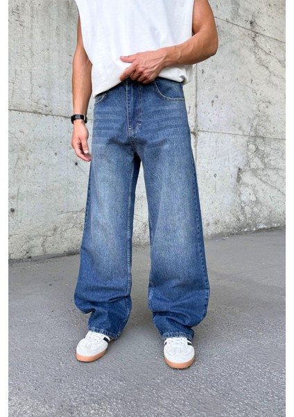 Çizgili Super Mavi Baggy Jean