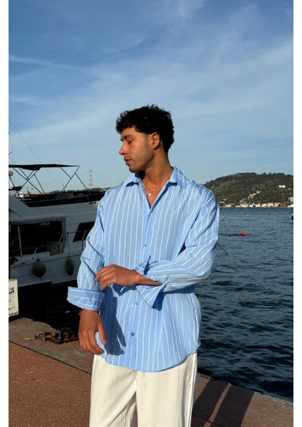 Çift Çizgili Mavi Oversize Gömlek