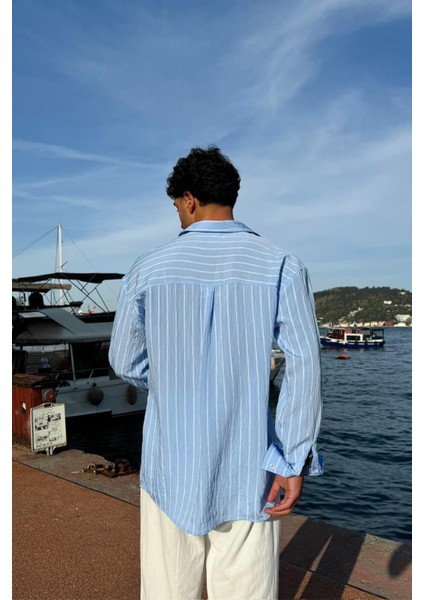 Çift Çizgili Mavi Oversize Gömlek modelleri