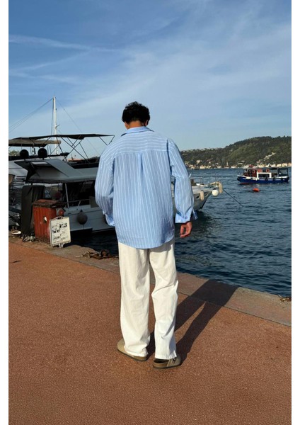 Çift Çizgili Mavi Oversize Gömlek fırsatları