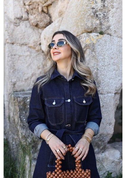 Sagi Jeans Kadın Uzun Kollu Kuşaklı Etek Ucu Yırtıklı Kot Elbise