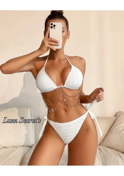 Zincir & Taş Aksesuarlı Beyaz Luxury Desıgn Bıkını Seti fırsatları